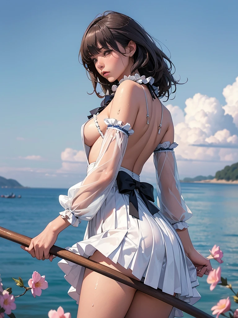 Browsing Caution,((masterpiece)),(((Highest quality))),((Very detailed)),((((Realistic)))),((Disheveled Hair)),((Frills)),(1 girl),(alone),Sex from behind, (((Ass Focus))),,lipstick,Dynamic Angle,Big Top Sleeves,floating,Beautiful detailed sky,Beautiful detailed water,Beautiful fine details,Exposure,(fist),Expressionless,Blunt Side Bangs,Hair between the eyes,ribbon,A bow tie,button,Shoulder Bare,(((Small breasts))),Detailed wet clothes,Blank face,Pleated skirt,Flowers