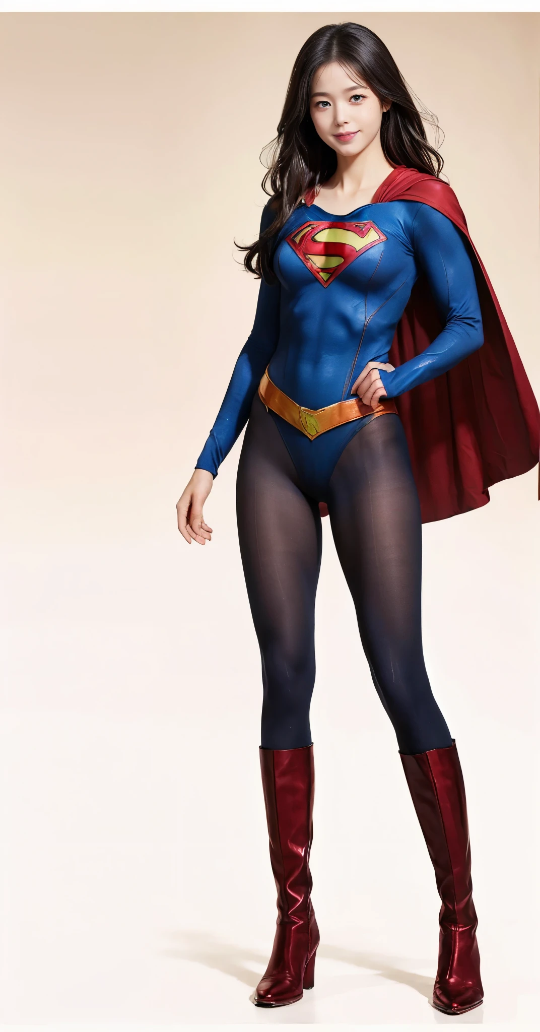 No background、(((Beautiful legs in black tights.)))、(((Legally express the beauty of your smile)))、((((Make the most of your original images)))、(((Supergirl Costume)))、(((Beautiful Hair)))、(((suffering)))、(((Please wear black tights....、Wear red boots)))、((Best image quality、8k))、((Highest quality、8k、masterpiece:1.3))、(((Preserve background )))、Sharp focus:1.2、Beautiful woman with perfect figure:1.4、Slim Abs:1.2、Wet body:1.5、Highly detailed face and skin texture、8k