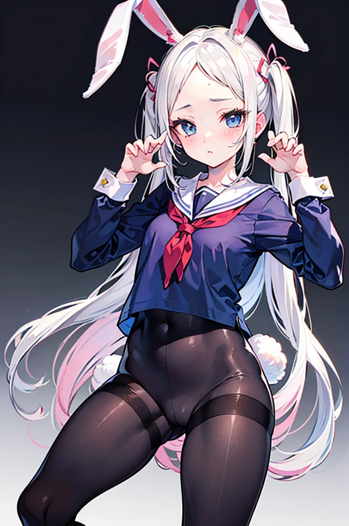 forehead,twintail hair,white hair,blue eyes, and 120cm,school sailor uniform with dark black pant,forehead,(rabbit_ears_pose:1.6),shame,blushing,