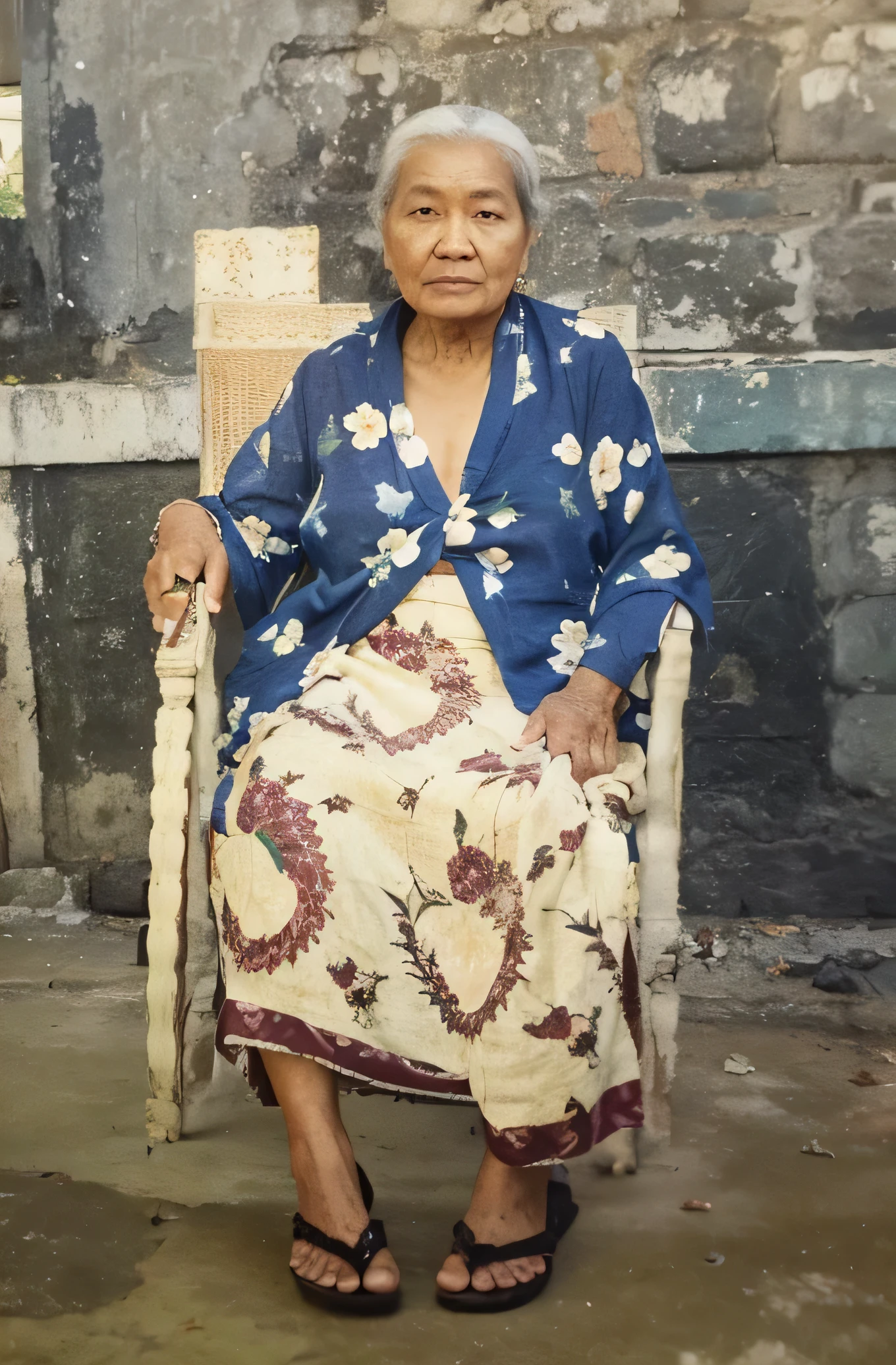 With realistic An Indonesian grandmother sits on a chair with a cane in her hand, her hair tied back and wearing a sarong