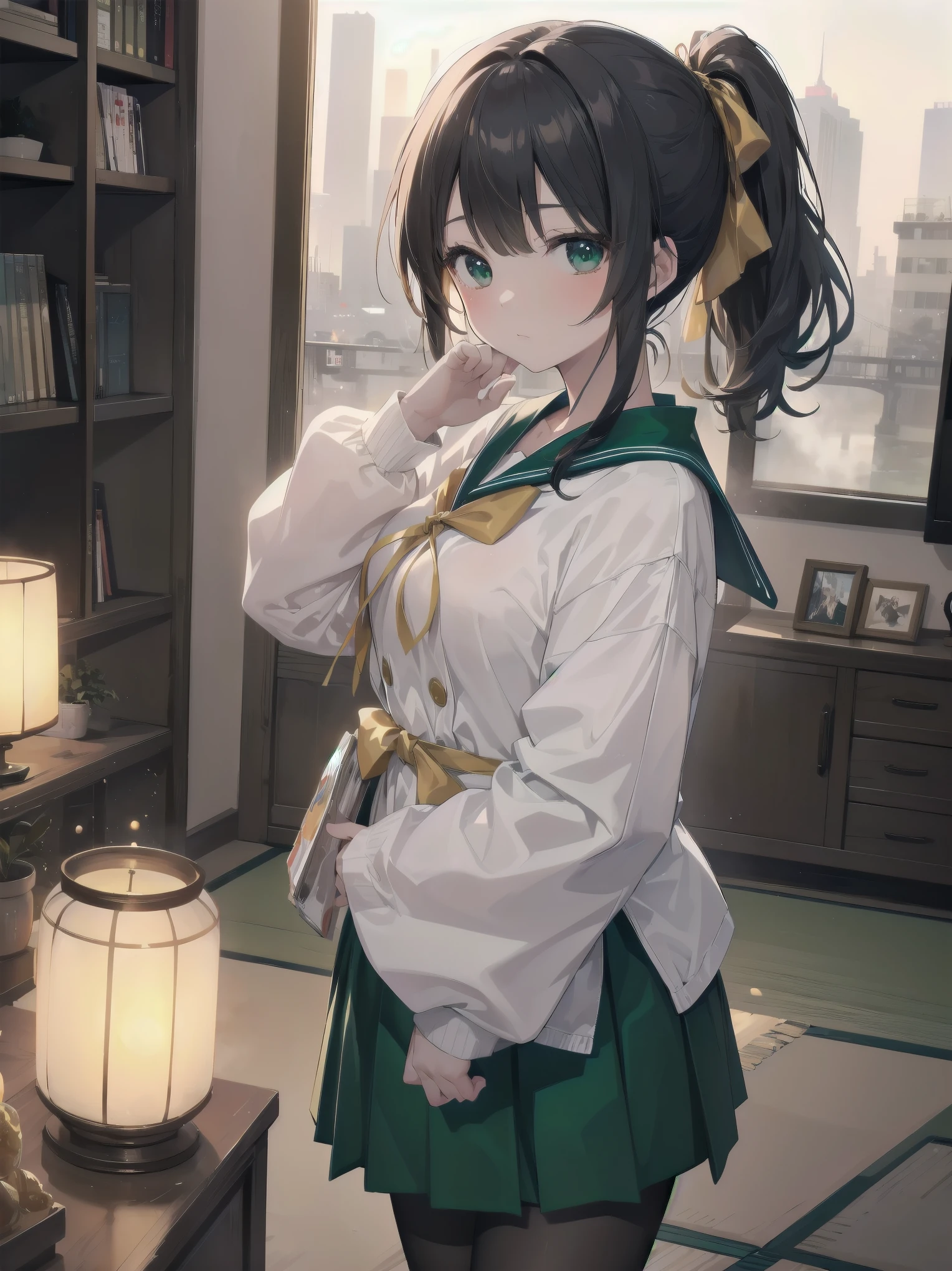 Masterpiece, illustration, super detailed, kawaii, one girl, 独奏, slender 14 year old, Japanese girl, chou chou, ribbon, nape of neck, low ponytail, cute pose in Less revealing attire, (green sailor outfit, two gold lines), large gold ribbon, priss skirt, black pantyhose, , Long Sleeves, White innerwear for sailor suit, living room, cowgirl shot, sfw, dynamic angle、Close-up on the characters、(building, city、A dense fog of fluorescent particles、1800Era、Japanese Style、Fiction、grow、Overwhelming、Detailed street)、A beautiful girl with a beautiful background and a super cute pose