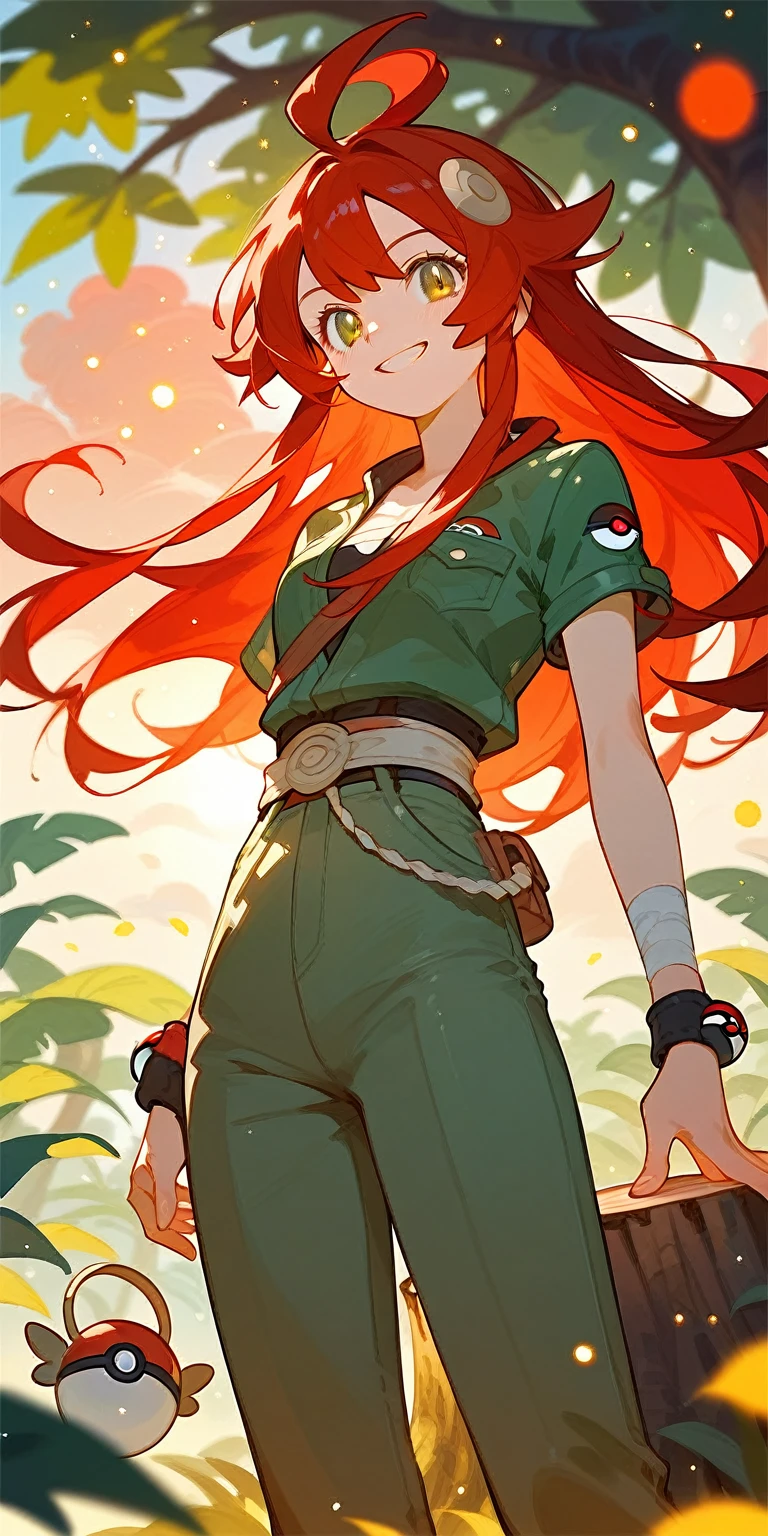 ung girl，Beautiful light and shadow，Red extra-long hair，Short sleeve，Wide leg pants，Pokemon ball on the belt，Jacket tied at waist，bandage，cute，Pokémonon style，Wrist ornaments，tree stump，The jungle in the distance，sunrise，Bangs，Grin，Light Particles，Red Cloud，（（Red Hair））