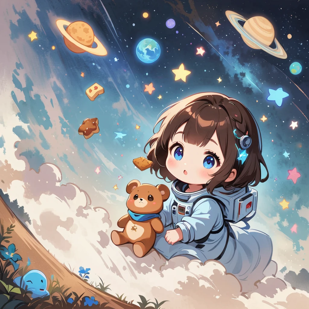 เด็กสาวbrown hairนั่งอยู่ในชุดอวกาศที่ลอยอยู่ในอวกาศ,brown hair, blue eyes, Surrounded by the Milky Way, universe , Cutely. Eat snacks, meet aliens, Babygirl sit in spacesuit floating in space,glabrous, surrounded by the Milky Way, the universe , cutely, Babygir hair is brown color, brown hair.