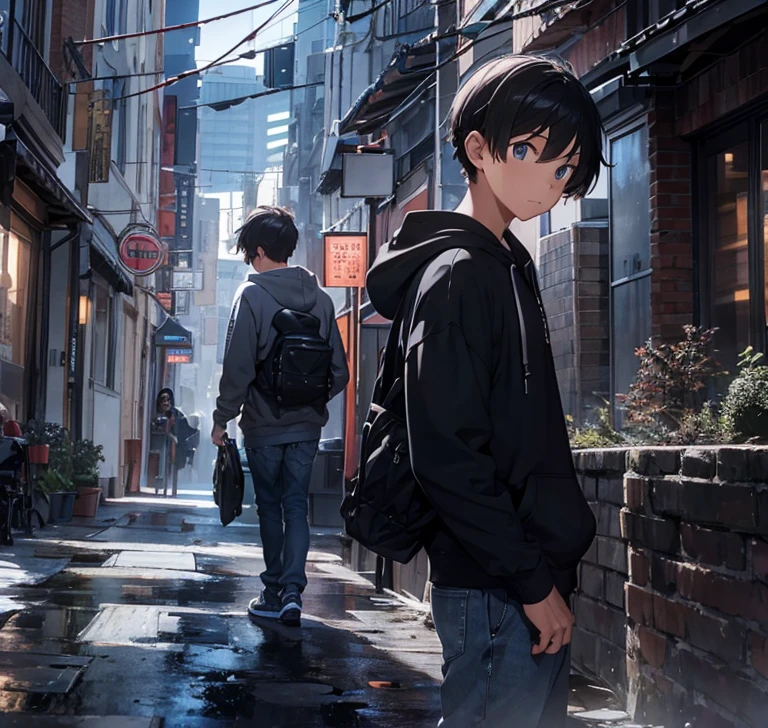 there is a young man in a hoodie looking at his laptop, in a hoodie, looks cool