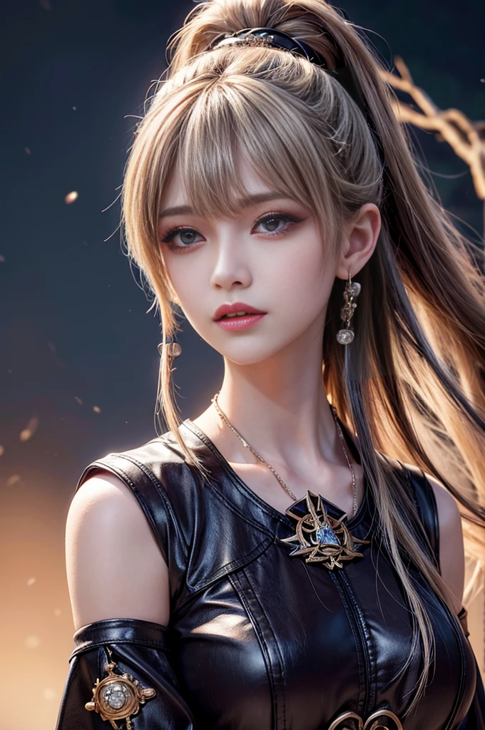 HD32K, 8K, absurdres, detailed photorealistic image, realistic skin texture, sharp focus on face, intricately detailed face, BREAK portrait of japanese female mage, hkmagic, 26 years old, make-up, mascara, blonde hair with colored streaks, bangs, sidelocks, long flowing ponytail, earrings, hair ornaments, extreme closeup, wearing leather bustier, detached sleeves, holding spellbook, forest at night, moonlight, dynamic lighting