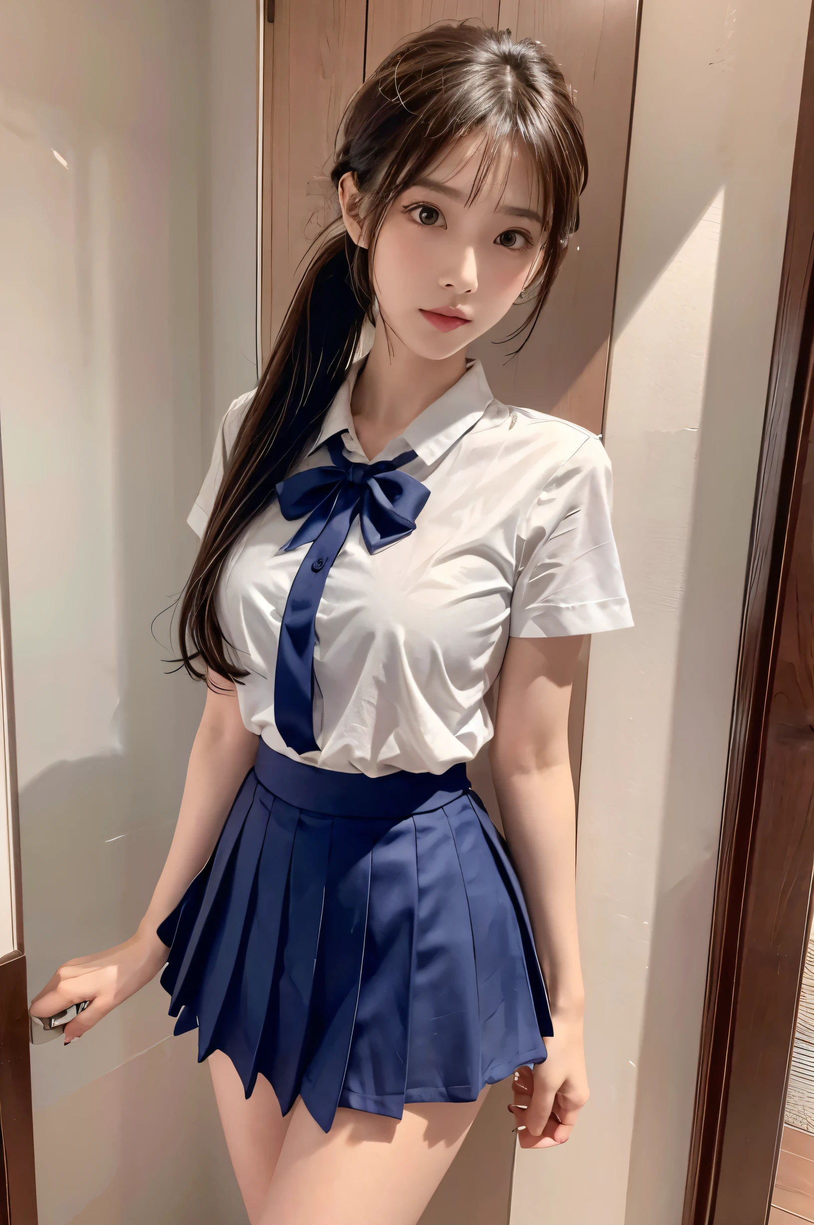 (Ultra HD), (Sailor suit:1.4, White short sleeve shirt, Grey mini skirt), Big Breasts, slender, whole body, Standing posture, (Clean and shiny skin, Whitening, No makeup), (Super slim face, Super beautiful face), (Light Brown Ponytail, Layered Cut, Fluffy hair), (double eyelid, Slanted Eyes), Small Nose, Thin lips, Thin legs, school gate