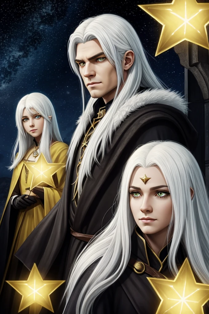 Drawing of a with white hair and yellow eyes with a star on the human eiris next to his demon family