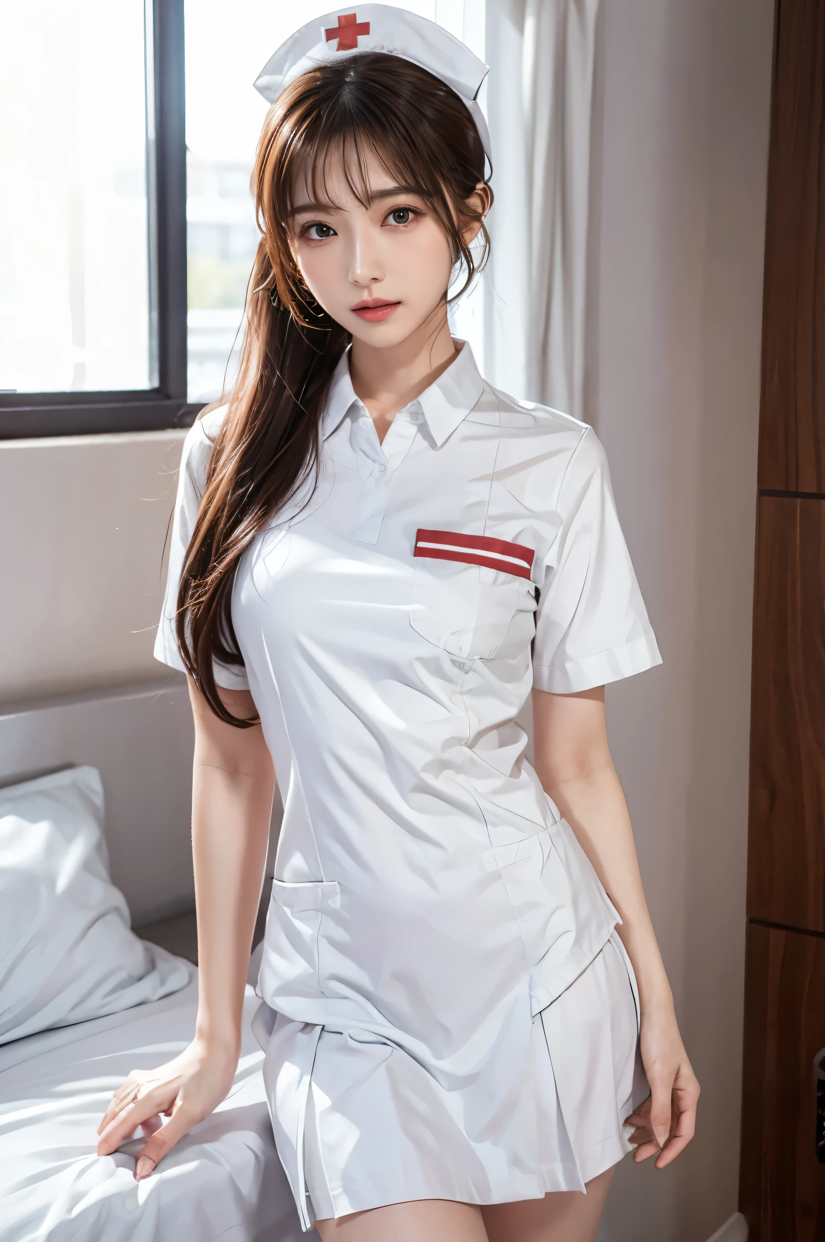 (Ultra HD), (White nurse uniform:1.4), Big Breasts, slender, whole body, Standing posture, (Clean and shiny skin, Whitening, No makeup), (Super slim face, Super beautiful face), (Light Brown Ponytail, Layered Cut, Fluffy hair), (double eyelid, Slanted Eyes), Small Nose, Thin lips, Thin legs, hospital