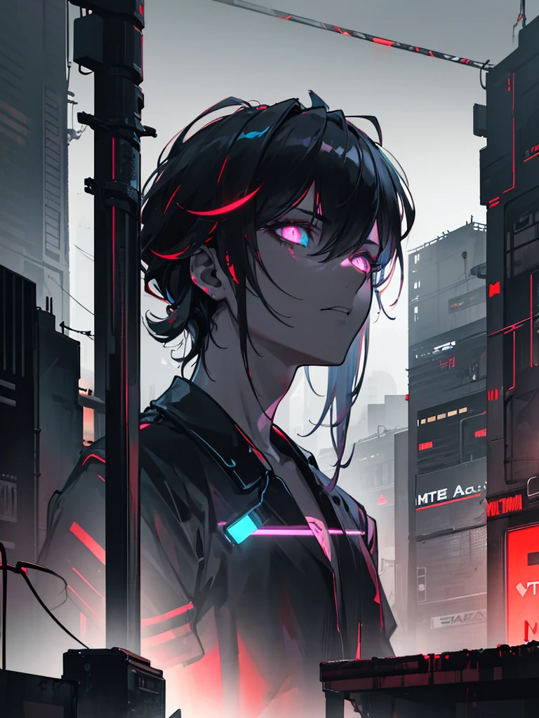 a man with a television head, cyberpunk scene, wearing a shirt, dark, alley, 1 person, highly detailed, 8k, hyperrealistic, cinematic lighting, dramatic shadows, neon lights, advanced technology, glowing elements, moody atmosphere, gritty urban environment, dystopian future, intricate details, volumetric fog, realistic skin textures, mesmerizing colors, stunning composition