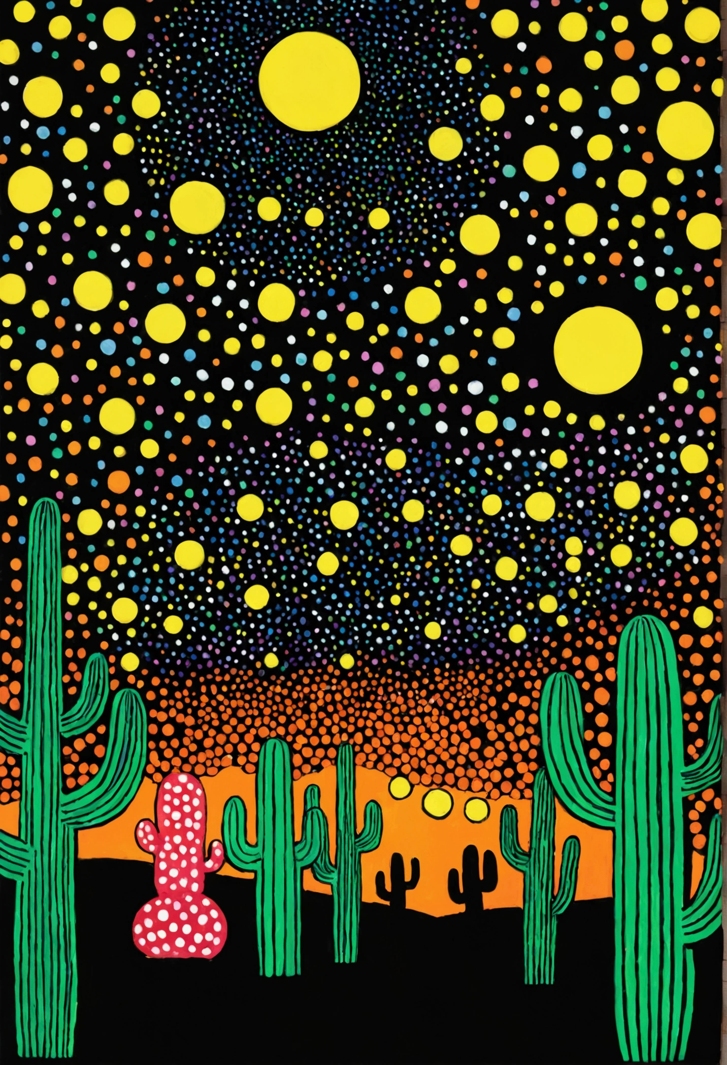 Dot、line、Neon,cactus,Tree、firefly,Dreamy colors,Illustration style(Artists can refer to Yayoi Kusama)