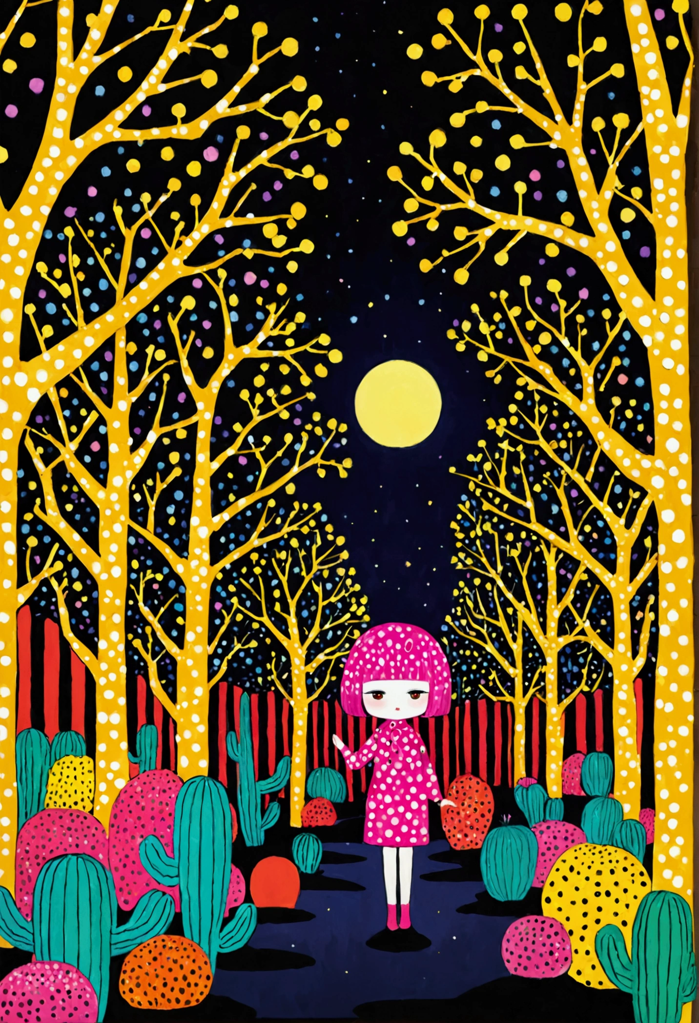 Dot、line、Neon，cactus，firefly，Dreamy colors，Illustration style（Artists can refer to Yayoi Kusama）