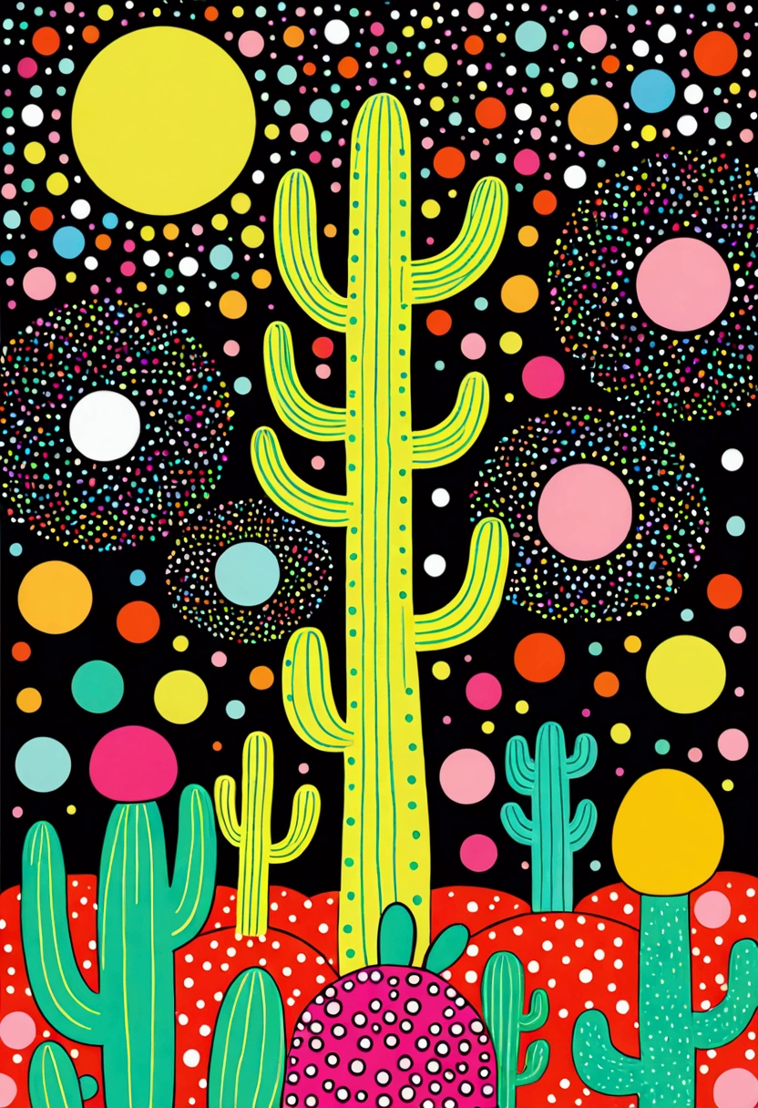 Dot、line、Neon，cactus，firefly，Dreamy colors，Illustration style（Artists can refer to Yayoi Kusama）