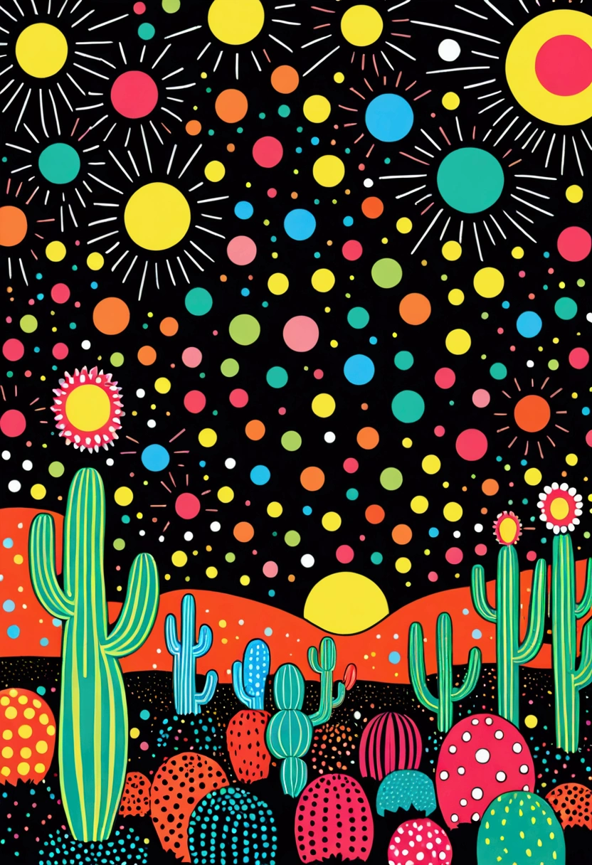 Dot、line、Neon，cactus，firefly，Dreamy colors，Illustration style（Artists can refer to Yayoi Kusama）