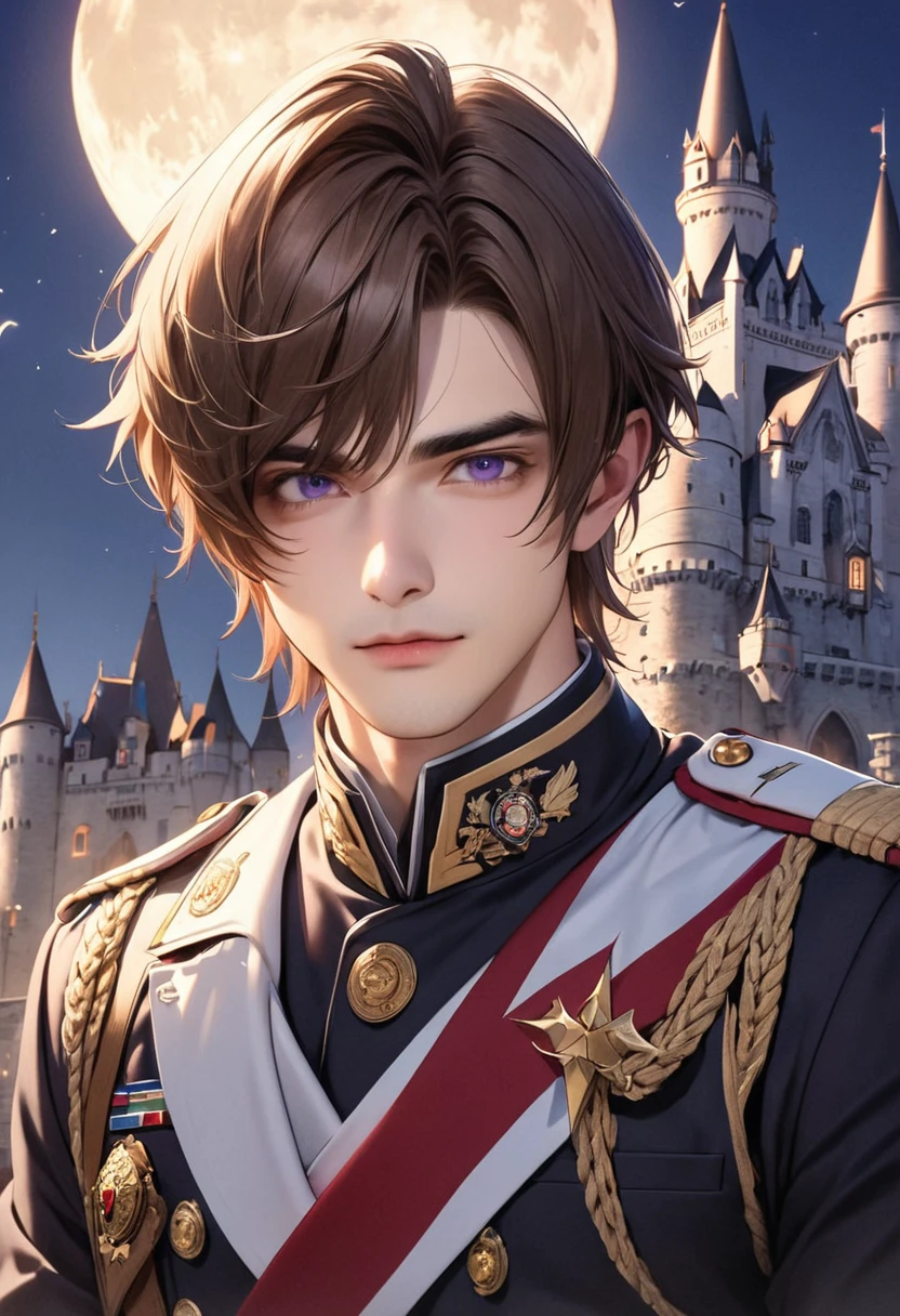 1 male Long Bangs Brown hair and eyebrows Purple Eyes White military uniform Castle and full moon