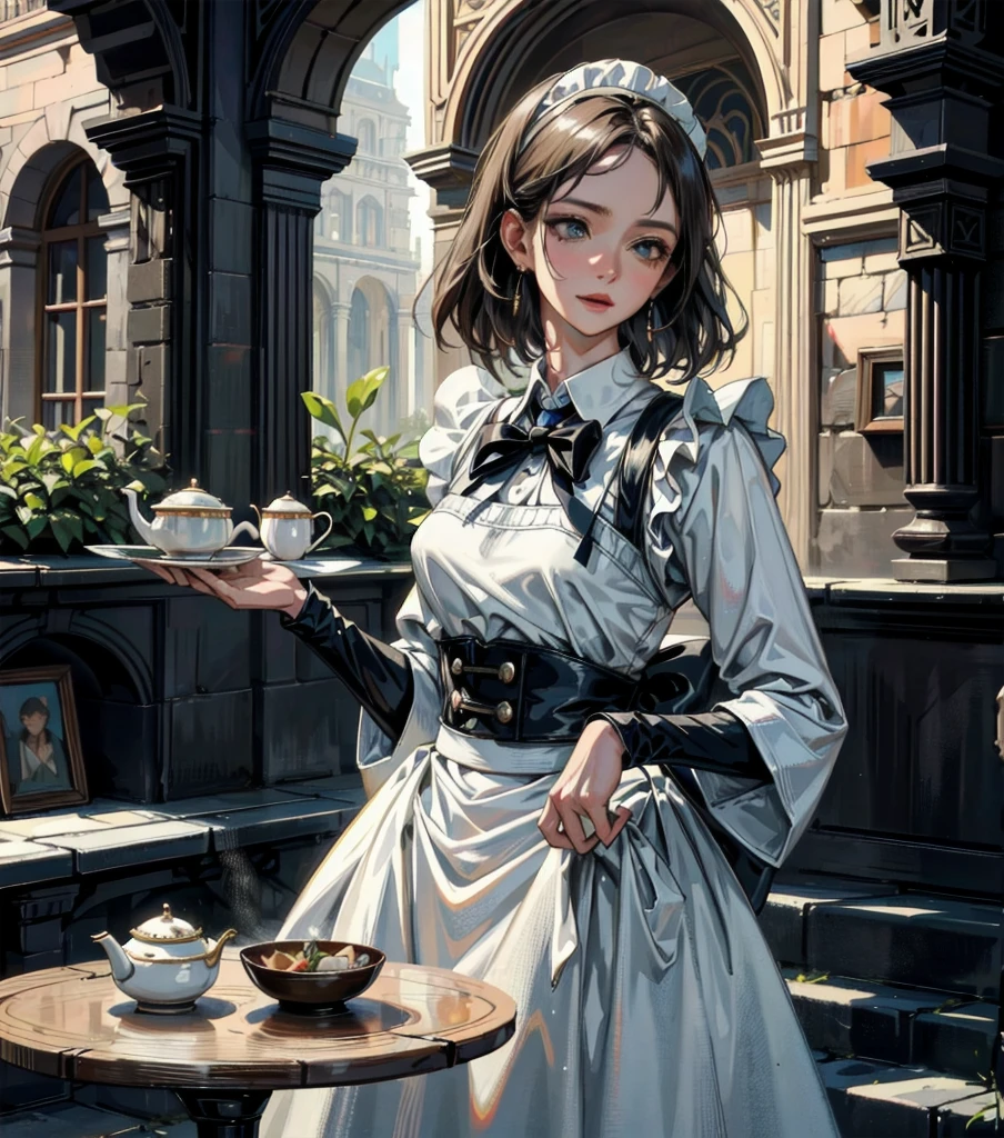 absurdres, RAW photo, extremely delicate and beautiful, masterpiece, Best Quality, ultra high resolution, 32k, hyperrealistic, ultra-detailed, Very detailed CG 8k wallpaper, detailed background, landscape, Beautiful Lighting, Perfect Lightning, Realistic Shadows, perfect anatomy, anatomically correct, perfect figure, Perfect Style, Perfect balance, super Detailed skin, in her 30s, very Slim body, narrow waist, very small head, very small face, delicate facial features, handsome detailed woman, very detailed eyes and face, realistic face proportions, Realistic beautiful face, Realistic beautiful eyes, tearful mole, earring, whole body shot, very huge round tits, medium hair, asymmetrical hair, outdoor, Beautuful Matured woman preparing tea_party in the garden, standing by the round table, dispensing a cup of tea, leaning forward, meisen's tea set, tea pot, tea cups, some cakes on dish, delicate and classy British style white table with gold accents and royal_blue, wearing light_brown maid uniform, maid costume, long flare skirts, apron, bow ties on the chest, long tall sally, 