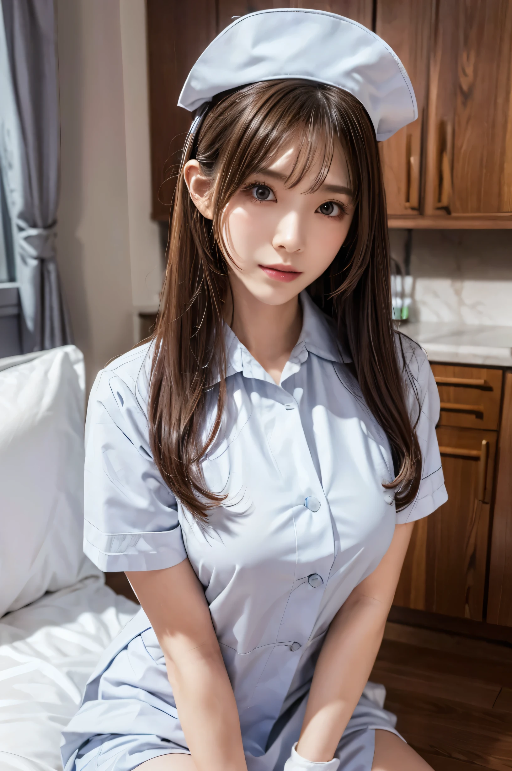 (Ultra HD), (White nurse uniform:1.6), Big Breasts, slender, whole body, Standing posture, (Clean and shiny skin, Whitening, No makeup), (Super slim face, Super beautiful face), (Light Brown Ponytail, Layered Cut, Fluffy hair), (double eyelid, Slanted Eyes), Small Nose, Thin lips, Thin legs, hospital