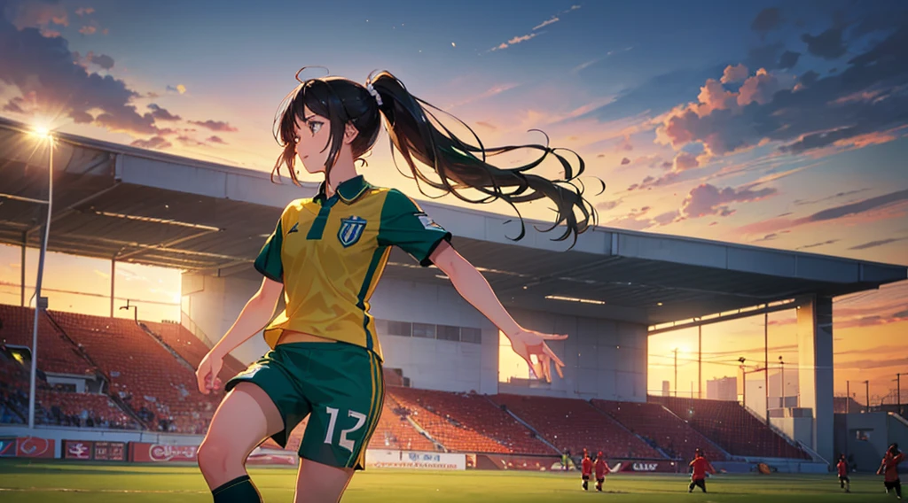 (((Highest quality))),(((masterpiece))),(((A with a ponytail wearing a very bright light green soccer uniform))),School grounds,sunset,(((Black Hair:1.3))),Staring at the audience,Rin々A funny expression