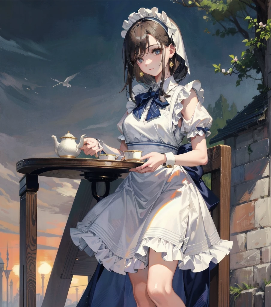 absurdres, RAW photo, extremely delicate and beautiful, masterpiece, Best Quality, ultra high resolution, 32k, hyperrealistic, ultra-detailed, Very detailed CG 8k wallpaper, detailed background, landscape, Beautiful Lighting, Perfect Lightning, Realistic Shadows, perfect anatomy, anatomically correct, perfect figure, Perfect Style, Perfect balance, super Detailed skin, in her 30s, very Slim body, narrow waist, very small head, very small face, delicate facial features, handsome detailed woman, very detailed eyes and face, realistic face proportions, Realistic beautiful face, Realistic beautiful eyes, tearful mole, earring, whole body shot, very huge round tits, medium hair, asymmetrical hair, outdoor, Beautuful Matured woman preparing tea_party in the garden, standing by the round table, dispensing a cup of tea, leaning forward, meisen's tea set, tea pot, tea cups, some cakes on dish, delicate and classy British style white table with gold accents and royal_blue, wearing light_brown maid uniform, maid costume, long flare skirts, apron, bow ties on the chest, long tall sally, 