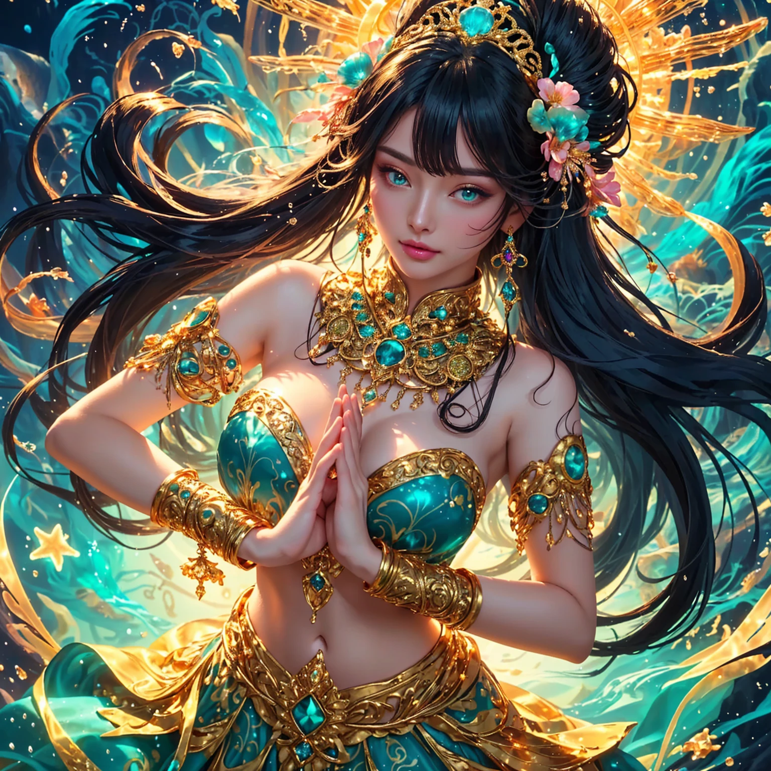 Beautiful female super model , pink mouth , green eyes , In a golden robe sitting on a rock with a jellyfish, Jellyfish Priest, beautiful fantasy art, , Anemone , , Goddess of the Ocean, Goddess of the sea, , realistically, Fantasy Art HD, Asian female water element, 4k fantasy art , Fine gold jewelry , Beautiful aura
