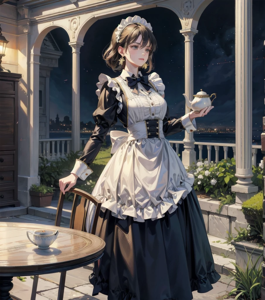 absurdres, RAW photo, extremely delicate and beautiful, masterpiece, Best Quality, ultra high resolution, 32k, hyperrealistic, ultra-detailed, Very detailed CG 8k wallpaper, detailed background, landscape, Beautiful Lighting, Perfect Lightning, Realistic Shadows, perfect anatomy, anatomically correct, perfect figure, Perfect Style, Perfect balance, super Detailed skin, in her 30s, very Slim body, narrow waist, very small head, very small face, delicate facial features, handsome detailed woman, very detailed eyes and face, realistic face proportions, Realistic beautiful face, Realistic beautiful eyes, tearful mole, earring, whole body shot, very huge round tits, medium hair, asymmetrical hair, outdoor, Beautuful Matured woman preparing tea_party in the garden, standing by the round table, dispensing a cup of tea, leaning forward, meisen's tea set, tea pot, tea cups, some cakes on dish, delicate and classy British style white table with gold accents and royal_blue, wearing light_brown maid uniform, maid costume, long flare skirts, apron, bow ties on the chest, long tall sally,