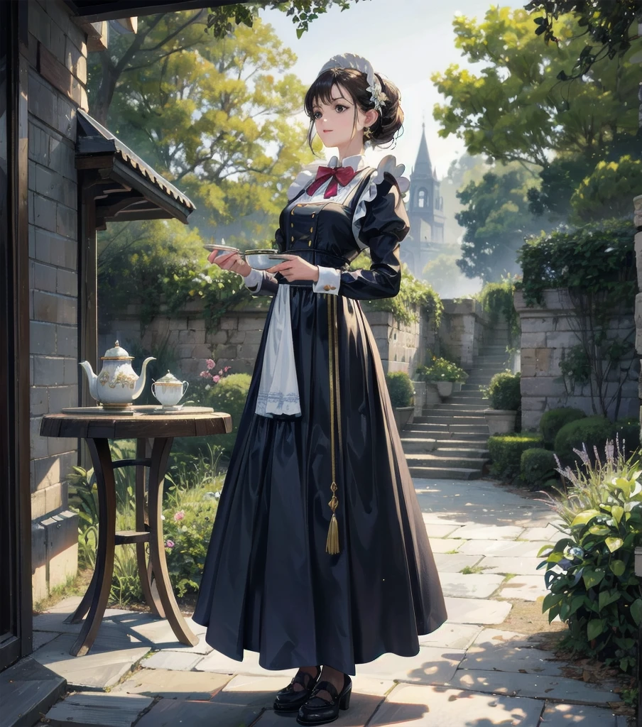 absurdres, RAW photo, extremely delicate and beautiful, masterpiece, Best Quality, ultra high resolution, 32k, hyperrealistic, ultra-detailed, Very detailed CG 8k wallpaper, detailed background, landscape, Beautiful Lighting, Perfect Lightning, Realistic Shadows, perfect anatomy, anatomically correct, perfect figure, Perfect Style, Perfect balance, super Detailed skin, in her 30s, very Slim body, narrow waist, very small head, very small face, delicate facial features, handsome detailed woman, very detailed eyes and face, realistic face proportions, Realistic beautiful face, Realistic beautiful eyes, tearful mole, earring, whole body shot, very huge round tits, medium hair, asymmetrical hair, outdoor, Beautuful Matured woman preparing tea_party in the garden, standing by the round table, dispensing a cup of tea, leaning forward, meisen's tea set, tea pot, tea cups, some cakes on dish, delicate and classy British style white table with gold accents and royal_blue, wearing light_brown maid uniform, maid costume, long flare skirts, apron, bow ties on the chest, long tall sally,
