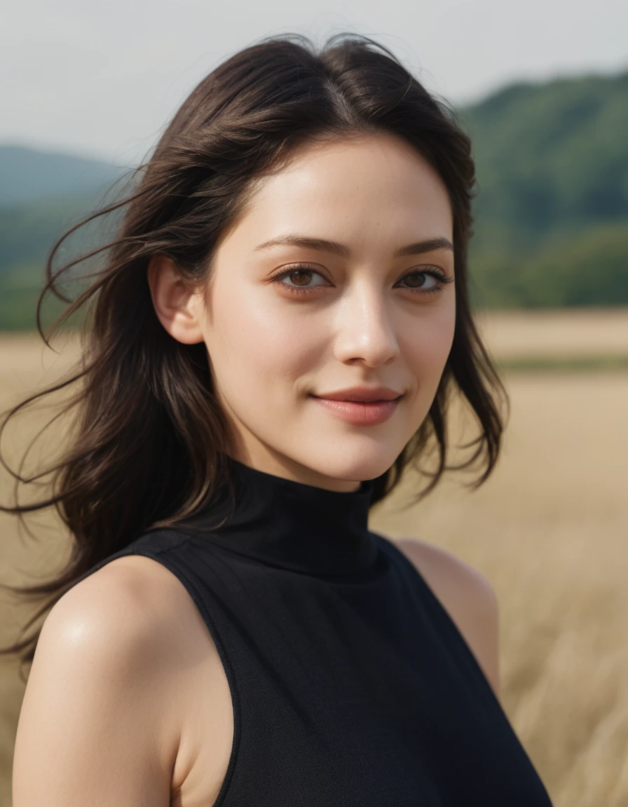 Upper body of a beautiful cute long face Japanese girl, happy smiling, still from the film, ((young Marion Cotillard face : 1.0)), ((young Anne Hathaway face: 0.9)), side shot, portrait photo of a cute 25 y.o woman, looks at viewer, full lips, natural skin, skin moles, stormy weather, (cinematic, film grain:1.1), ((winged eyes, very long and slender face, windy tousled, long straight black hair, cropped top)), Leica SL3, Summicron-SL 75mm ASPH, F/2, (cinematic still:1.2) Kodak Gold 200 film, bokeh, rim lighting, silhouette, shallowed depth of field, dynamic hands up,