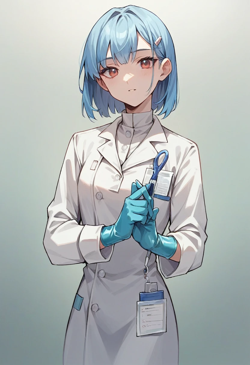 1girl, ((light blue medical gloves)), ((surgical gloves)), ((latex gloves)), ((long sleeves)), ((white surgeon outfit)), looking at viewer, ((white doctor outfit)), standing, solo