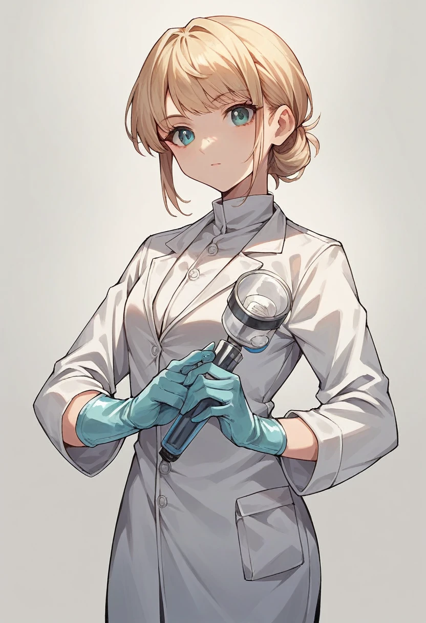 1girl, bangs, ((blue surgical gloves)), ((surgical gloves)), ((latex gloves)), ((((long sleeves)))), ((white surgeon outfit)), looking at viewer, ((white doctor outfit)), standing, solo
