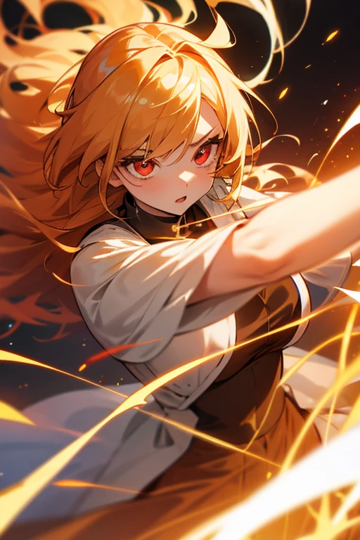 girl with golden hair and bright red eyes.she releases all her energy and majestic,holy power.