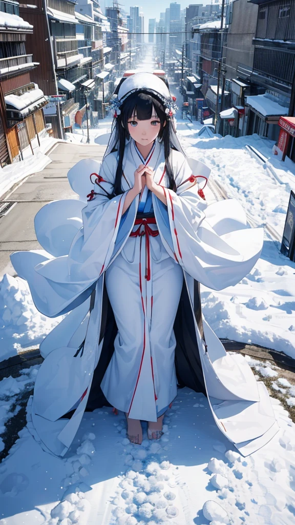 Top view ((A giant Yuki-onna stands on the road)) A girl breathing white breath ((Snow-covered city)) ((giant girl)) kimonoの女の巨人 kimono Black Hair Long Hair Miniature cities Model City heavy snow Snowfall ((It's snowing)) ((Snowfall)) Gloomy cloudy sky Black Hair Beauty Metropolis