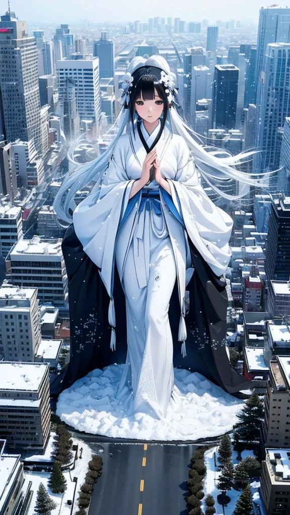 Top view　((A giant Yuki-onna stands on the road))　A girl breathing white breath　　((Snow-covered city))　((giant girl))　kimonoの女の巨人　kimono　Black Hair　Long Hair　Miniature cities　Model City　heavy snow　　Snowfall　((It&#39;s snowing)) 　((Snowfall))　Gloomy cloudy sky　　Black Hair　Beauty　Metropolis　