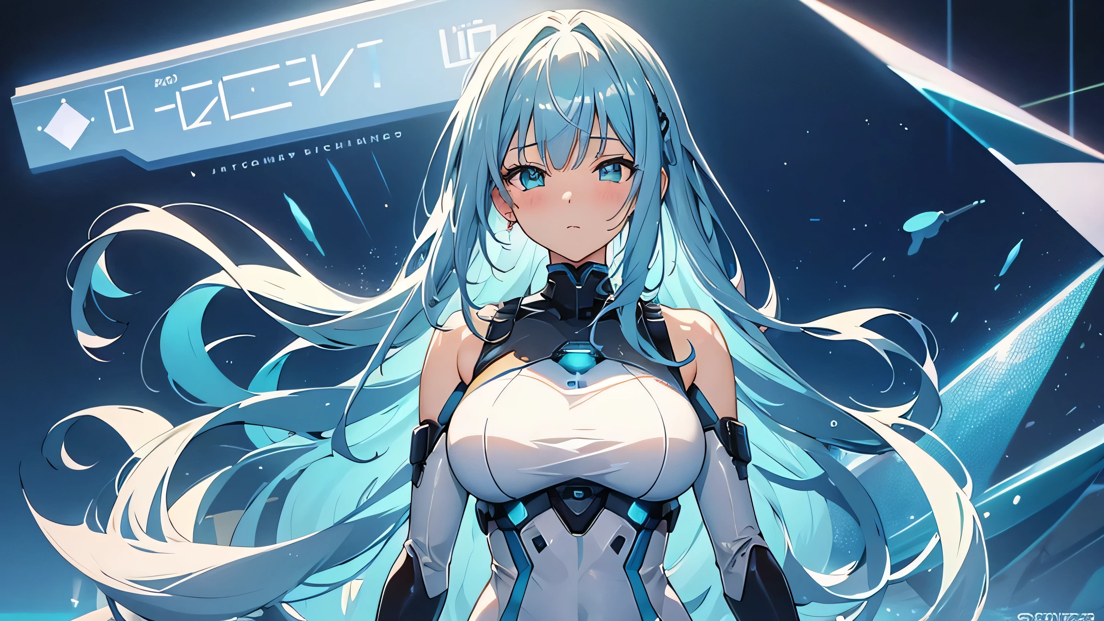 "A stunning anime girl with long, aqua blue hair, wearing a sleek, futuristic android outfit. Her cheeks are blushing and she has a classic tsundere expression on her face. The girl has a well-endowed chest. The background is filled with flowing binary code, creating the impression of a digital ocean. The setting conveys a romantic and technological theme, merging the digital and analog worlds."