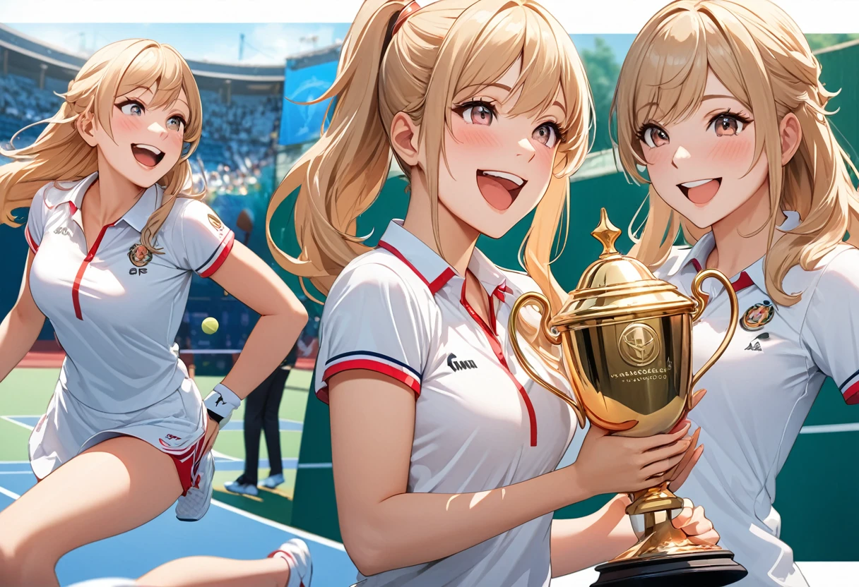 ((Masterpiece, top quality, high resolution, highly detailed CG unified 8K wallpaper)), solo, araffe woman kissing a trophy on a tennis court, martina fackova, simona sbaffi is the captain, magdalena radziej, by January Suchodolski, wining, medium detail, (expressions of joy and excitement, smile:1.3), celebrating, in detail, detail, best shot,