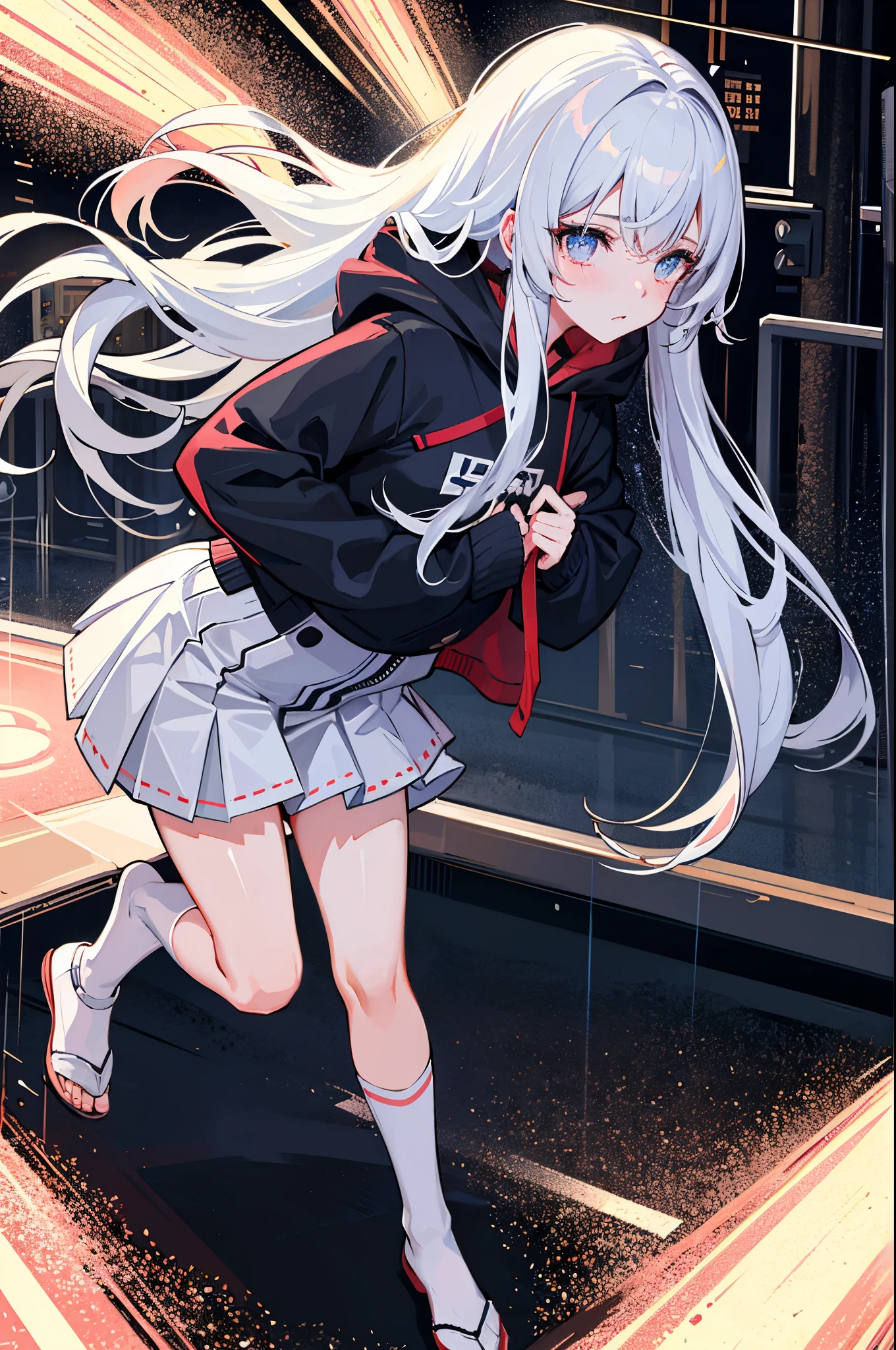 (tmasterpiece,best qualtiy:1.3),extremly high detail,complex,8k,独奏,Clear eyes,The expression is sad,the wallpaper,cinmatic lighting,hoody, Short pleated skirt, the street, exteriors,heavy rain, neonlight