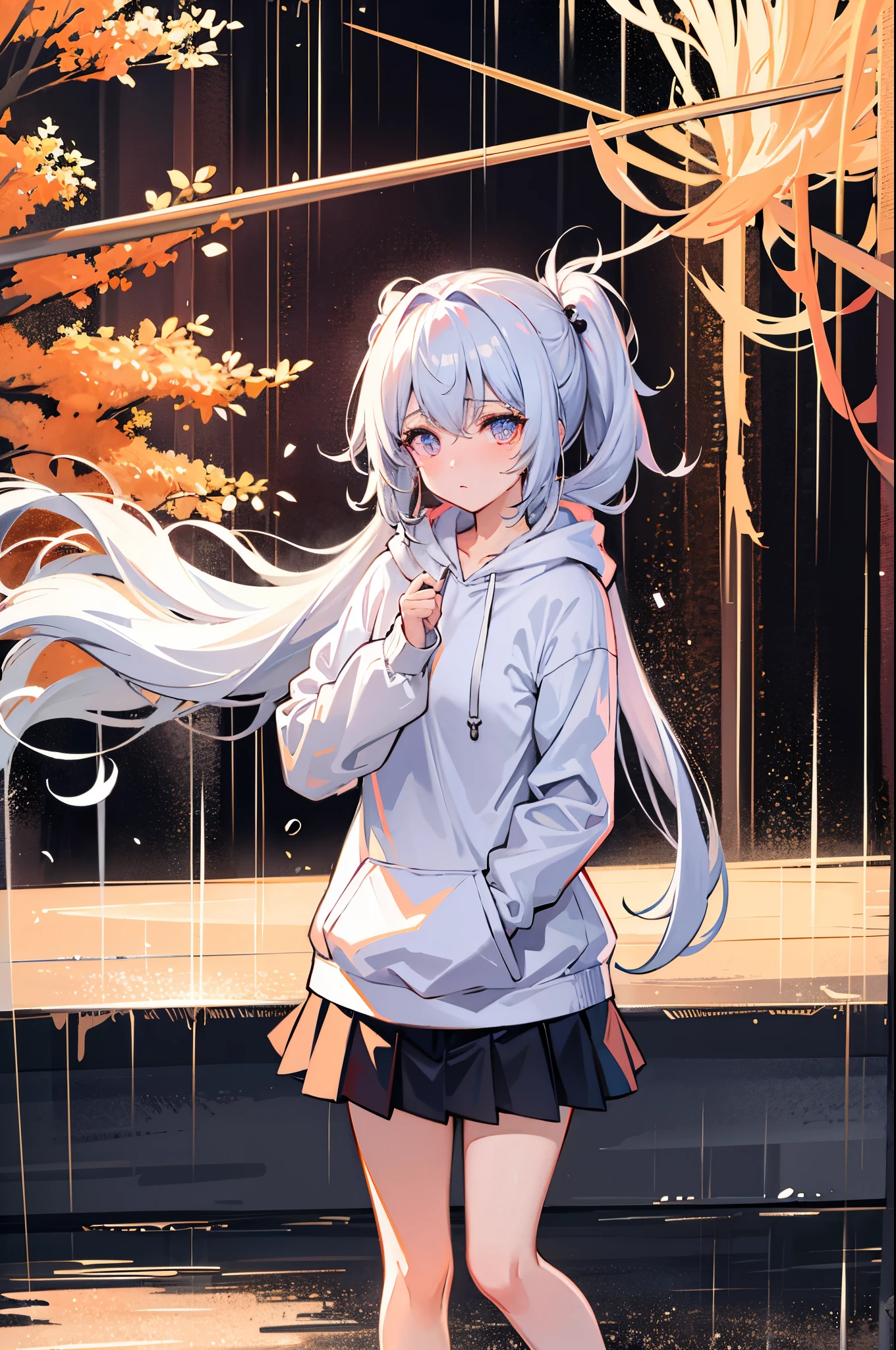 (tmasterpiece,best qualtiy:1.3),extremly high detail,complex,8k,独奏,Clear eyes,The expression is sad,the wallpaper,cinmatic lighting,hoody, Short pleated skirt, the street, exteriors,heavy rain, neonlight