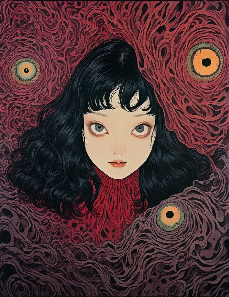 An illustration、art、70s horror movie posters, Supervised by Junji Ito、High detail, Realistic Shadows、Analog Style, chromatic aberration, Surrealism、Complementary Gradient