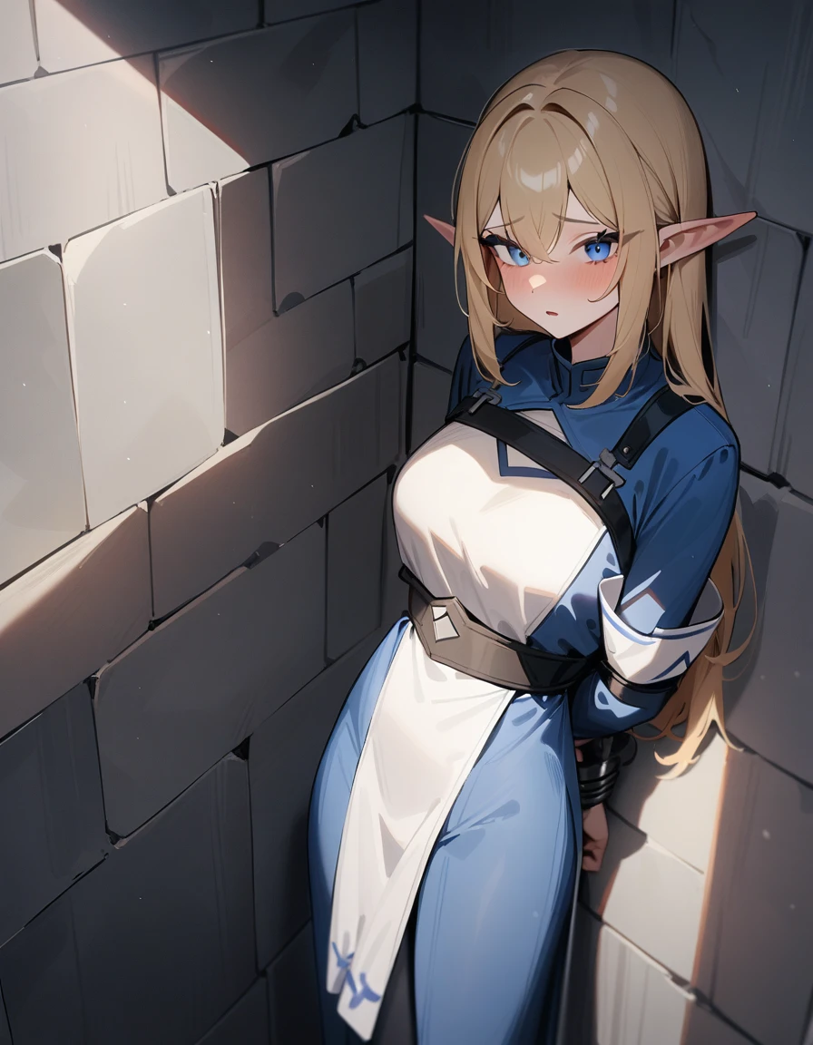 Elf sold at a Slave auction, chains, leash, collar, naked, distressed, blushing, blue hair, crying tears, perfect body, tits