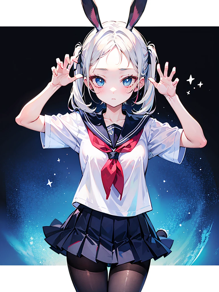 forehead,twintail hair,white hair,blue eyes,yo and 120cm,school sailor uniform with dark black pantyhose,forehead,(rabbit_ears_pose:1.3),shame,blushing,