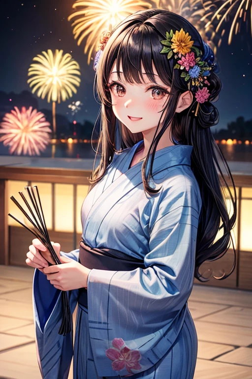 One adult woman,Small ,Black Hair,Medium Long,flower_hair ornaments,Dark brown eyes,light blue_yukata,flower柄_yukata,night,firework,blush,A big smile