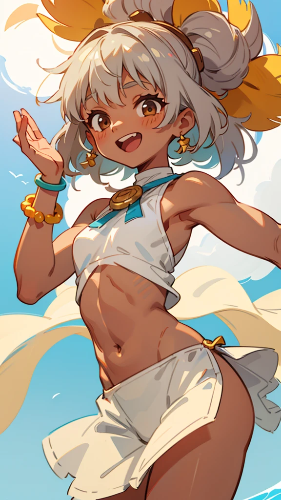 1 girl、Shortcuts、Gray Hair、She is 16 years old、Brown Skin、Wearing a white bikini、Beautiful brown eyes、Toned, muscular body、barefoot、Colorful Bracelets、Colorful anklets、Laugh brightly、Dance cheerfully、Upper body close-up