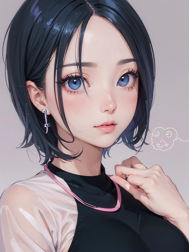 Beauty, High nose, Long eyelashes, 目にLight, Pink Lips, Closed Mouth, blue, Light, Fluttering Hair,Big eyes, Inner color hair, turn around, Get wet, short hair, cute, 30 years old, glossy, charm, Real, null,Big white t-shirt, Gray Hair,headphone