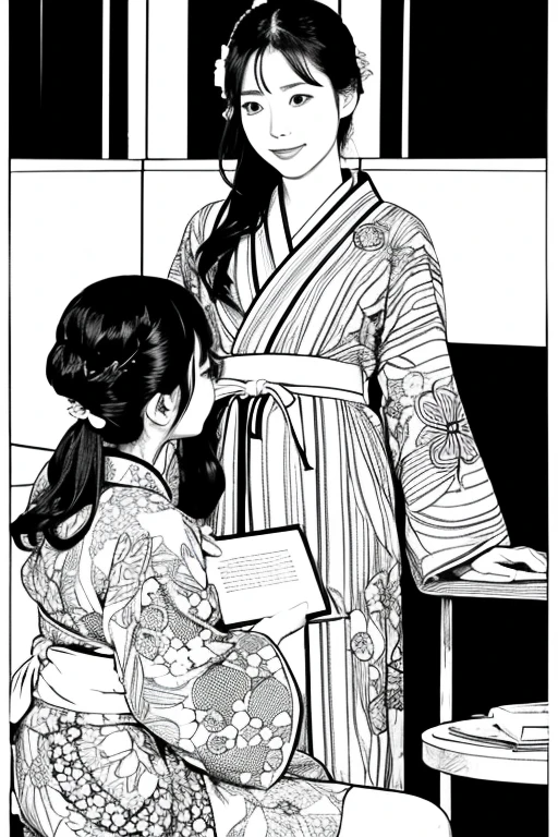 Coloring book、Maiko、Black and White、kimono、An illustration