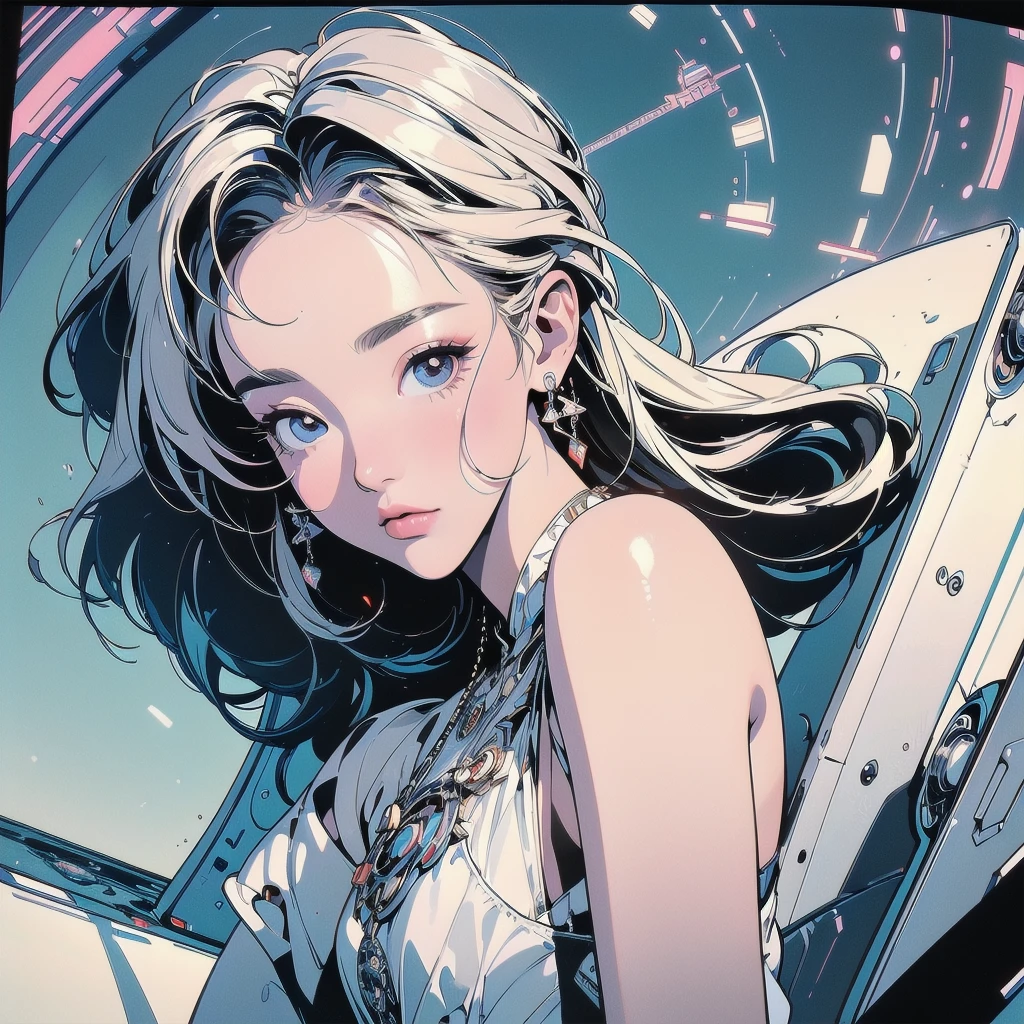 (((masterpiece, Highest quality)))、(((32K Wallpapers)))、The most detailed machine、(((The most complete and detailed white futuristic machine and woman)))、The most detailed background、(((Flat Chest)))、(((Many complex, Sophisticated, Futuristic machine)))、head shot,((((More Angles))))、((Overall colorful))、A perfect machine、(((Perfect and beautiful face)))、(((The most perfect machine of the future)))、Detailed Hair、anime、(((artistic)))、Abstract、(((Fisheye Lens)))