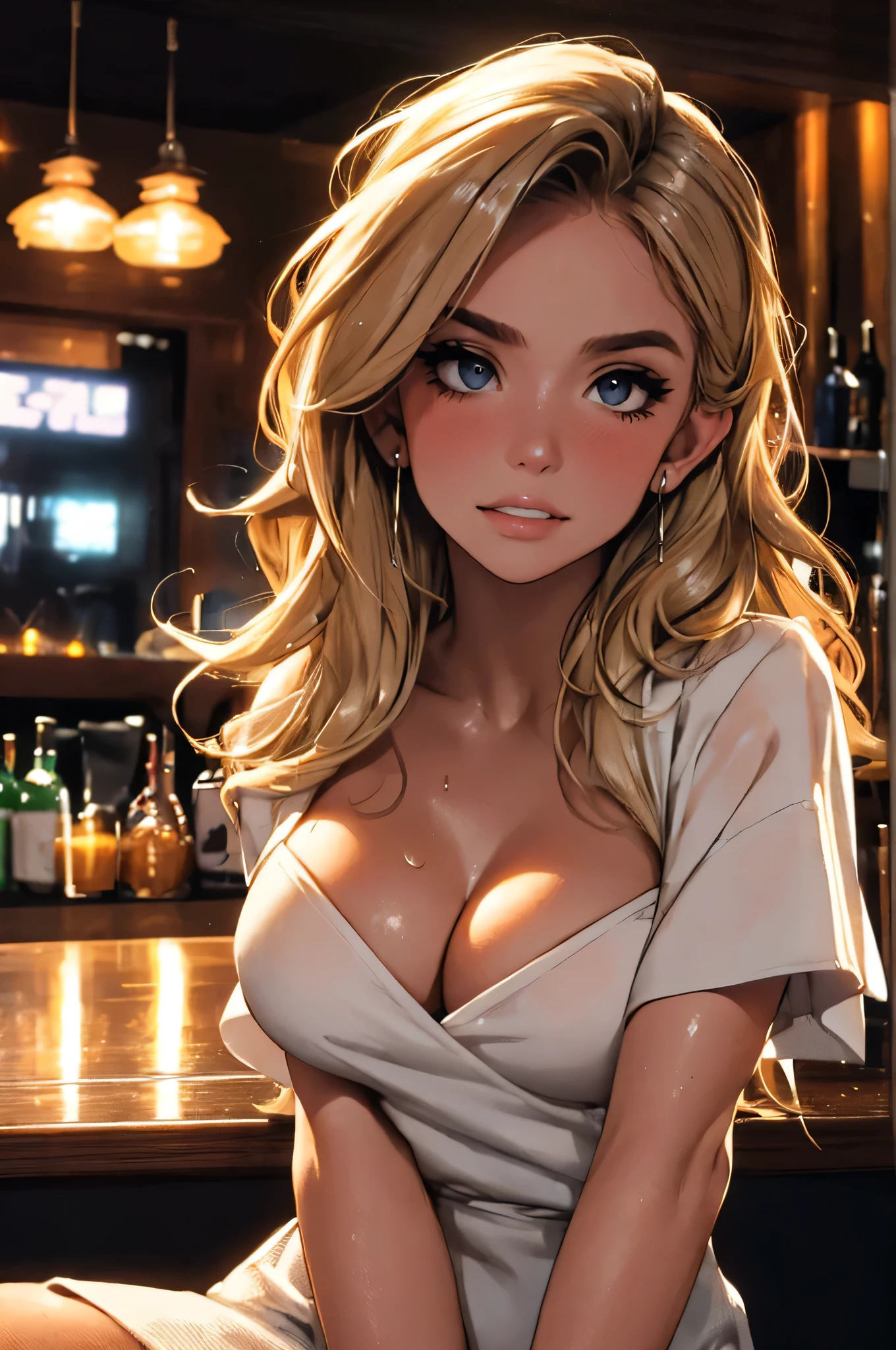 girl at a nightclub sitting at bar, eyeliner (masterpiece) (best quality) (detailed) (8k) (HDR) (wallpaper) (shiny skin) (sharp focus) (intricate) wavy blonde hair, biting lip, medium hair, slutty outfit, sexy, blush, aroused, cleavage, shiny , wet skin, girl, dark makeup, acting flirty, tucking hair behind ear, (flipping hair)