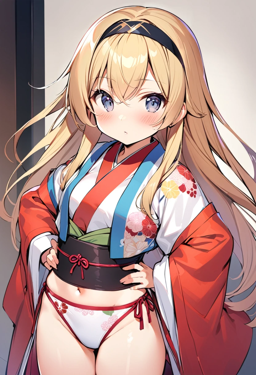 rensouhou-chan, shimakaze (kancolle), 1girl, solo, long hair, looking at viewer, blush, blonde hair, navel, underwear, hairband, japanese clothes, open clothes, kimono, grey eyes, highleg, floral print, hands on hips, open kimono