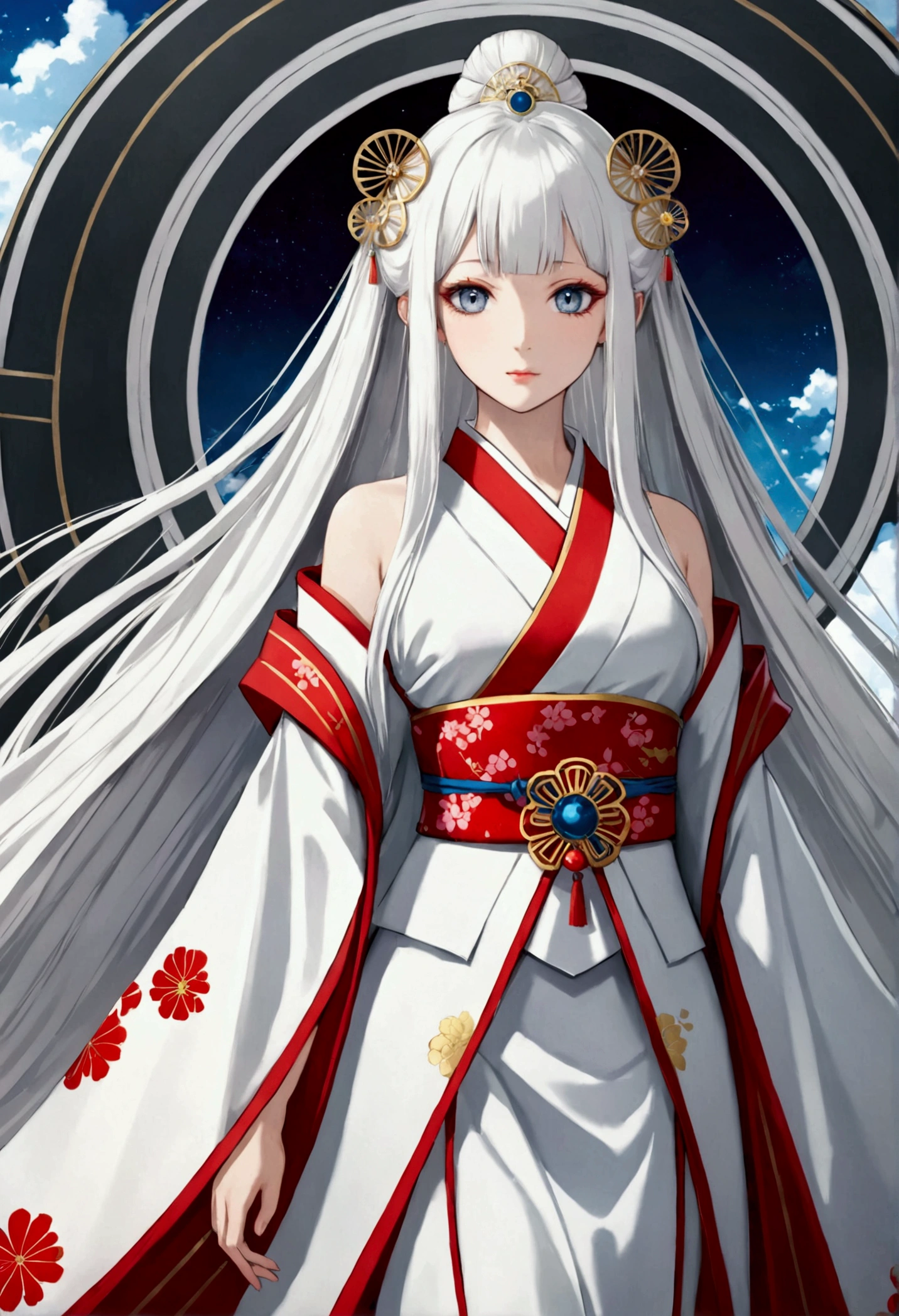Long white hair , grey eyes, fair skin,japnese princess attire, detailed hair, detailed eyes,detailed body,long shot, best quality, high resolution, 8k