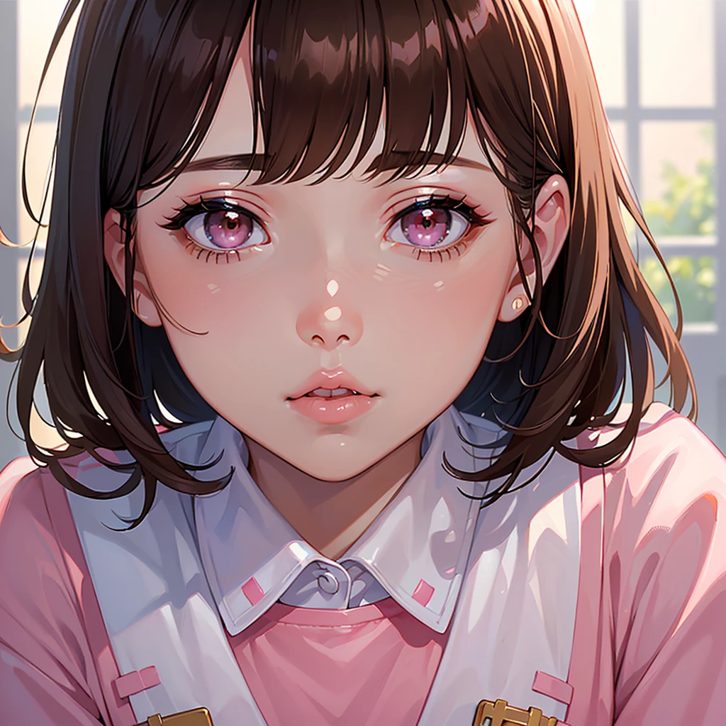 Highest quality, masterpiece, Ultra-high resolution, Realistic, RAW Photos, Intricate details, Portraiture, Big beautiful brown eyes:1.2, Perfect contours, break ((from the front, Close-up of the mouth:1.2, Upturned eyes:1.2)), ((One Girl:1.2、Little)), Brown Hair、Bob:1.2, (natural makeup:1.2, parted lips, full lips:1.3, pink lips:1.2, shiny lips:1.2), break (nurse:1.2), (White nurse uniform), (The background is a hospital room:1.2、The morning light is dazzling)