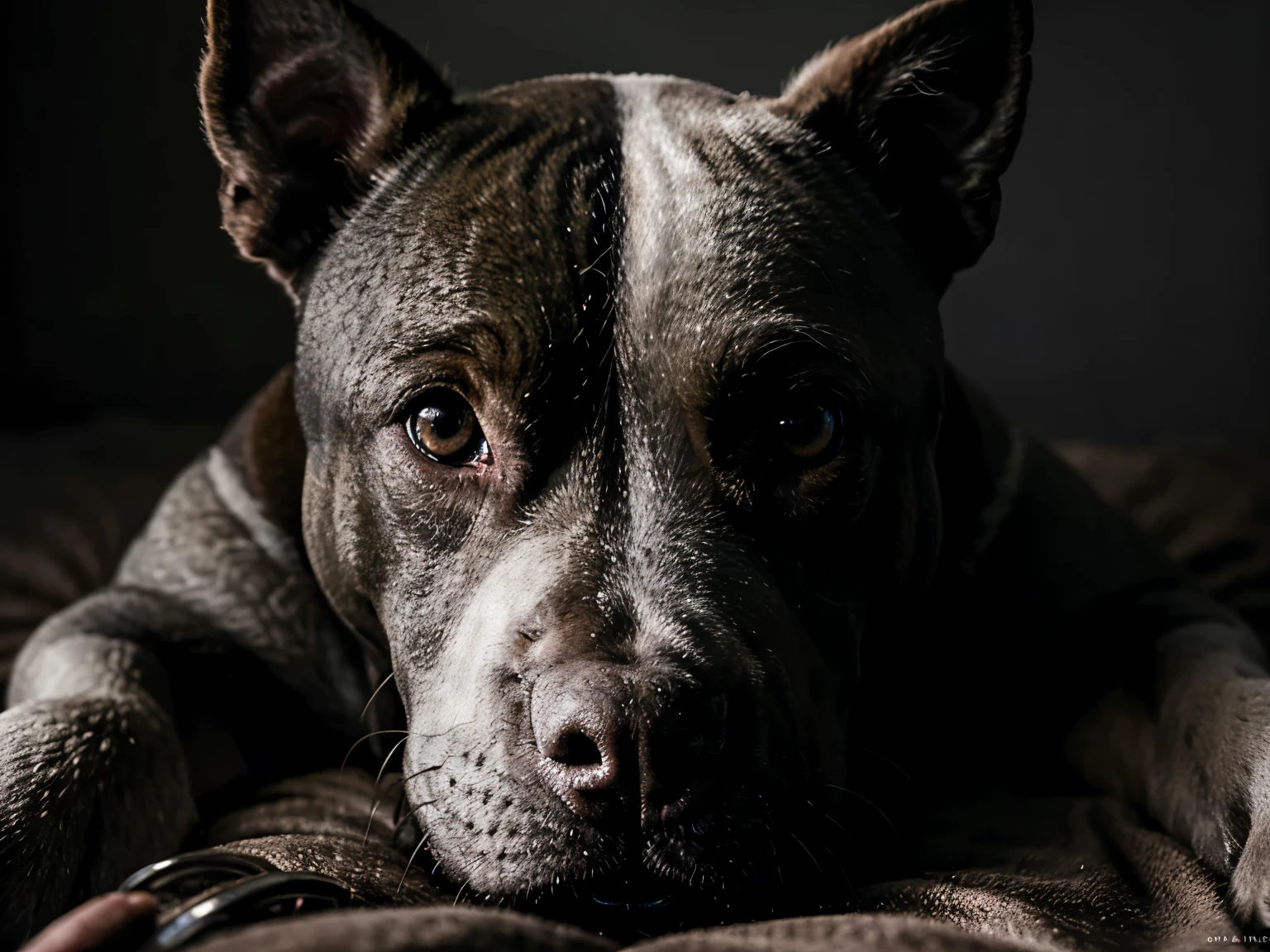 Close-up photo of a pit bull, gray color award-winning, ideal environment, extremely detailed, dark shot