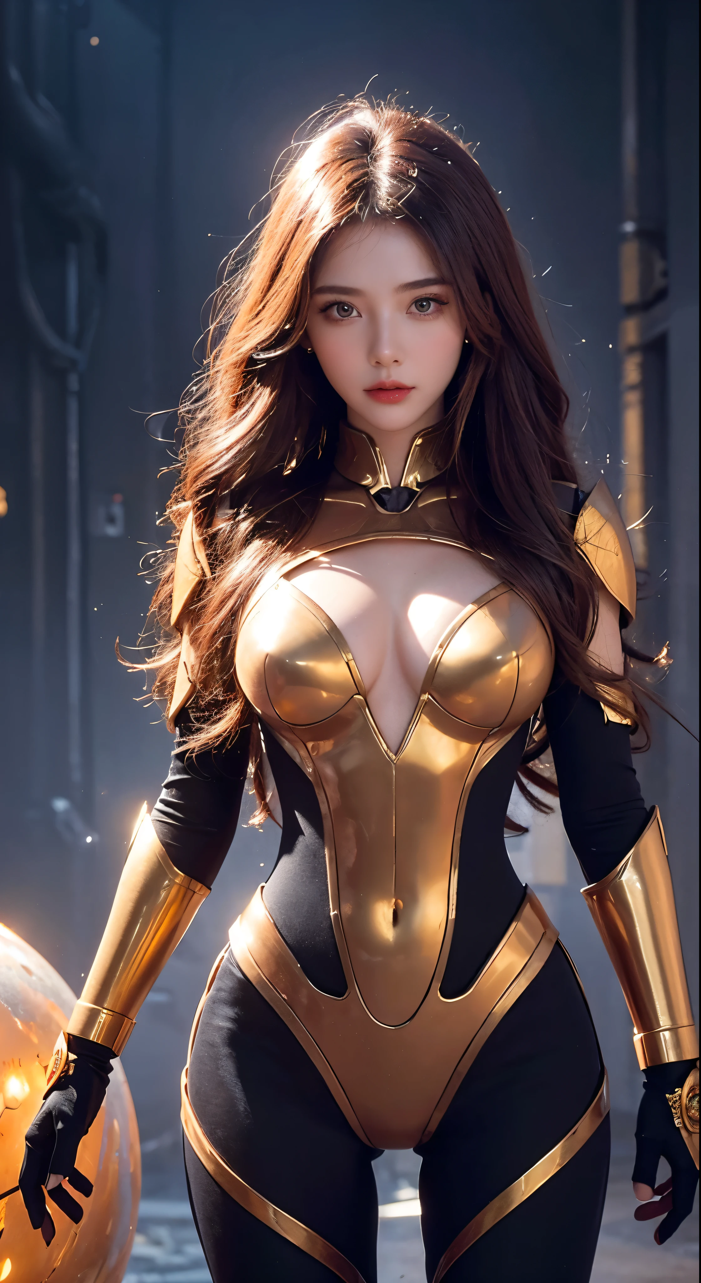 with high definition images，Studio Photo、Beautiful robot standing alone. Metal woman with red enamel bell、Strange fantasy images、Strange glowing rocks、beautifully、In detail、Long flowing hair、Medium Breast、Great skin texture，Facial details，Big rocky planet