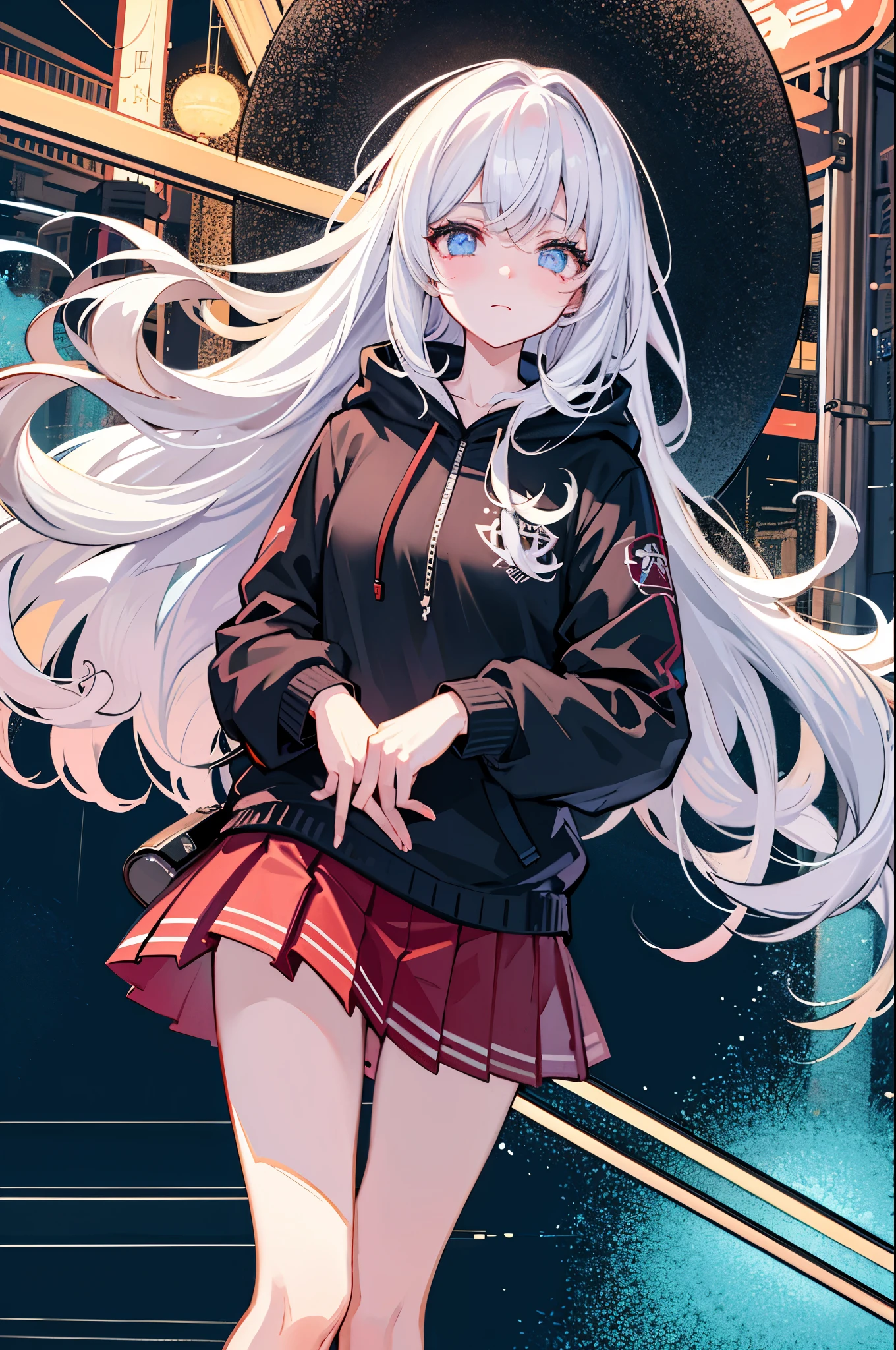 (tmasterpiece,best qualtiy:1.3),extremly high detail,complex,8k,独奏,Clear eyes,The expression is sad,the wallpaper,cinmatic lighting,hoody, Short pleated skirt, the street, exteriors,heavy rain, neonlight